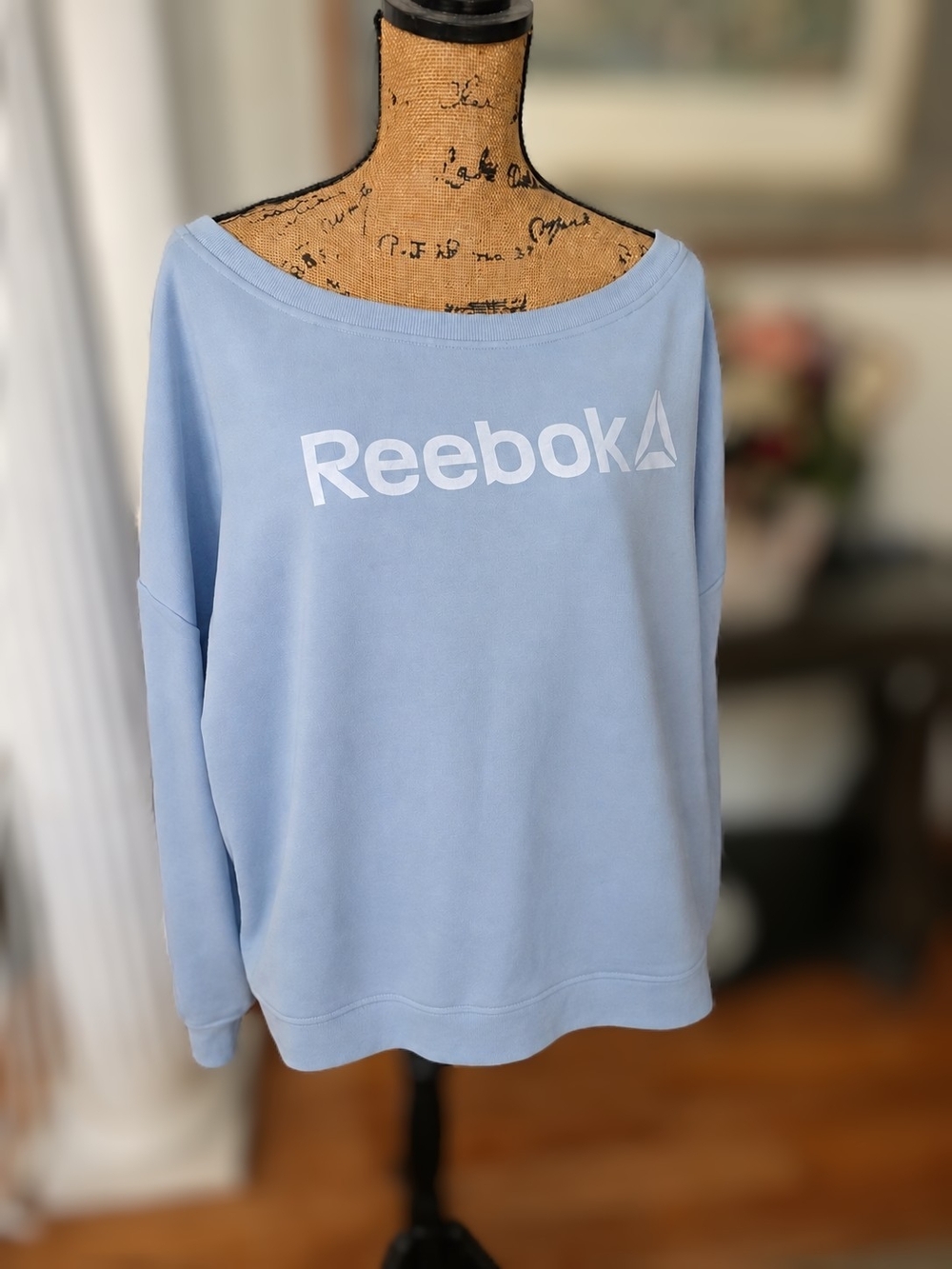 Reebok Light Blue Off-Shoulder Sweatshirt with White Logo